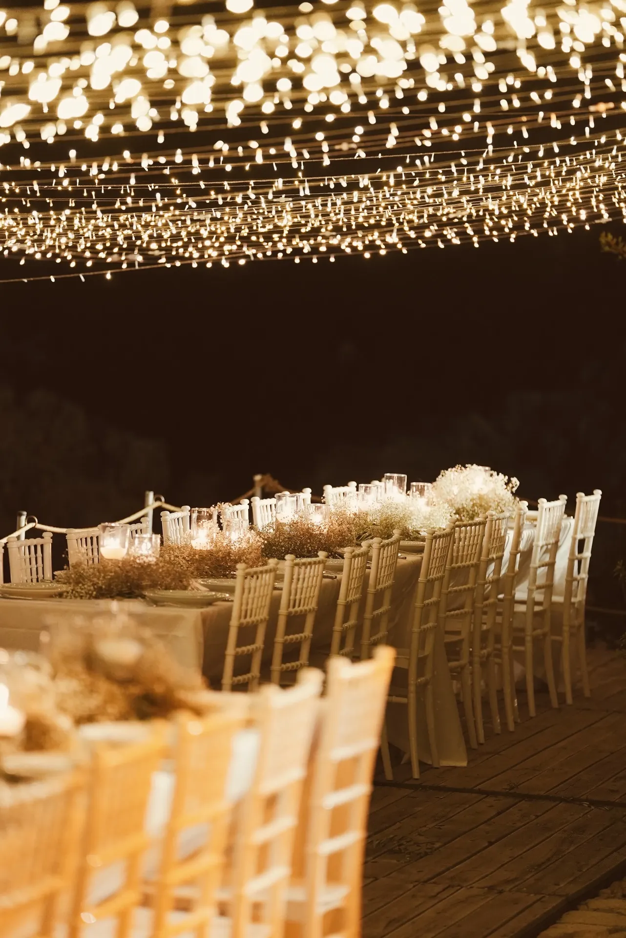 Evening reception with dramatic overhead fairy light canopy